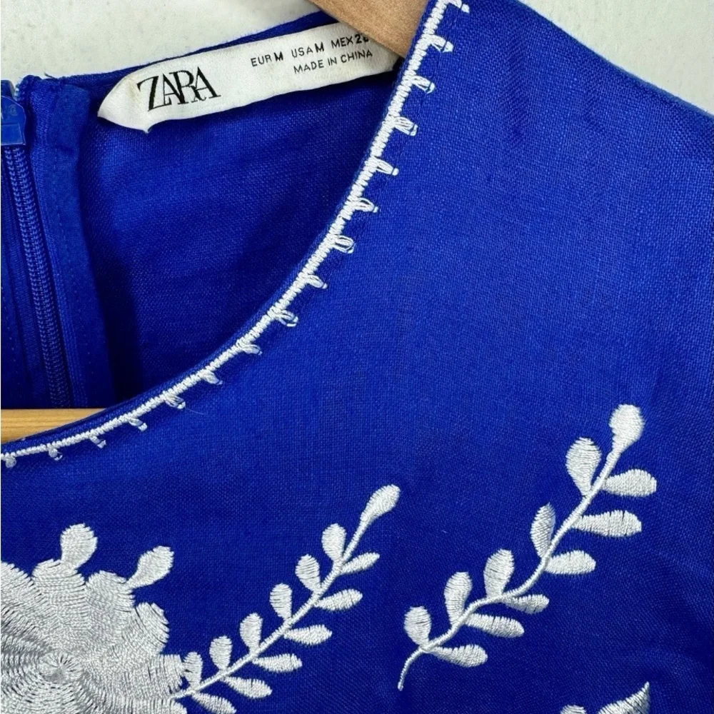 ZARA Women’s Blue Linen Embroidered Flower Short Sleeve mini Dress MEDIUM - Picture 3 of 5